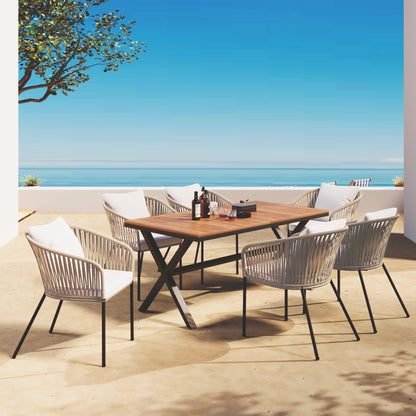 JYH 7 Pieces Patio Dining Set, All-Weather Outdoor Furniture Set with Dining Table and 6 Chairs, Rectangle Acacia Wood Tabletop and Metal Frame Dining Table Chair Set for 6, Beige Cushions - CookCave