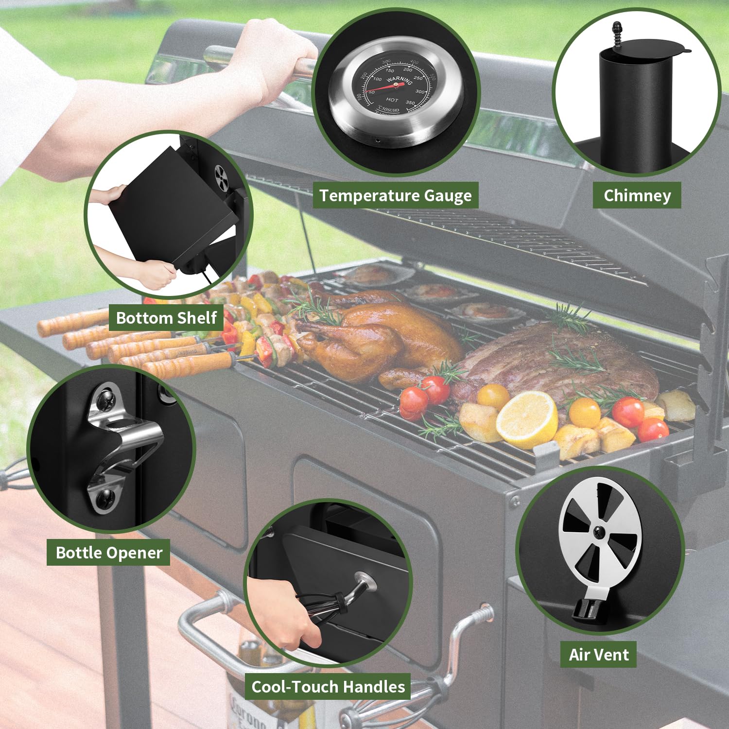 Kenadne Charcoal Grill Outdoor BBQ Grill, Extra Large Cooking Area 794 Square Inches with Two Individual & Adjustable Charcoal Tray, Foldable Side Tables for Outdoor Cooking grill Backyard - CookCave