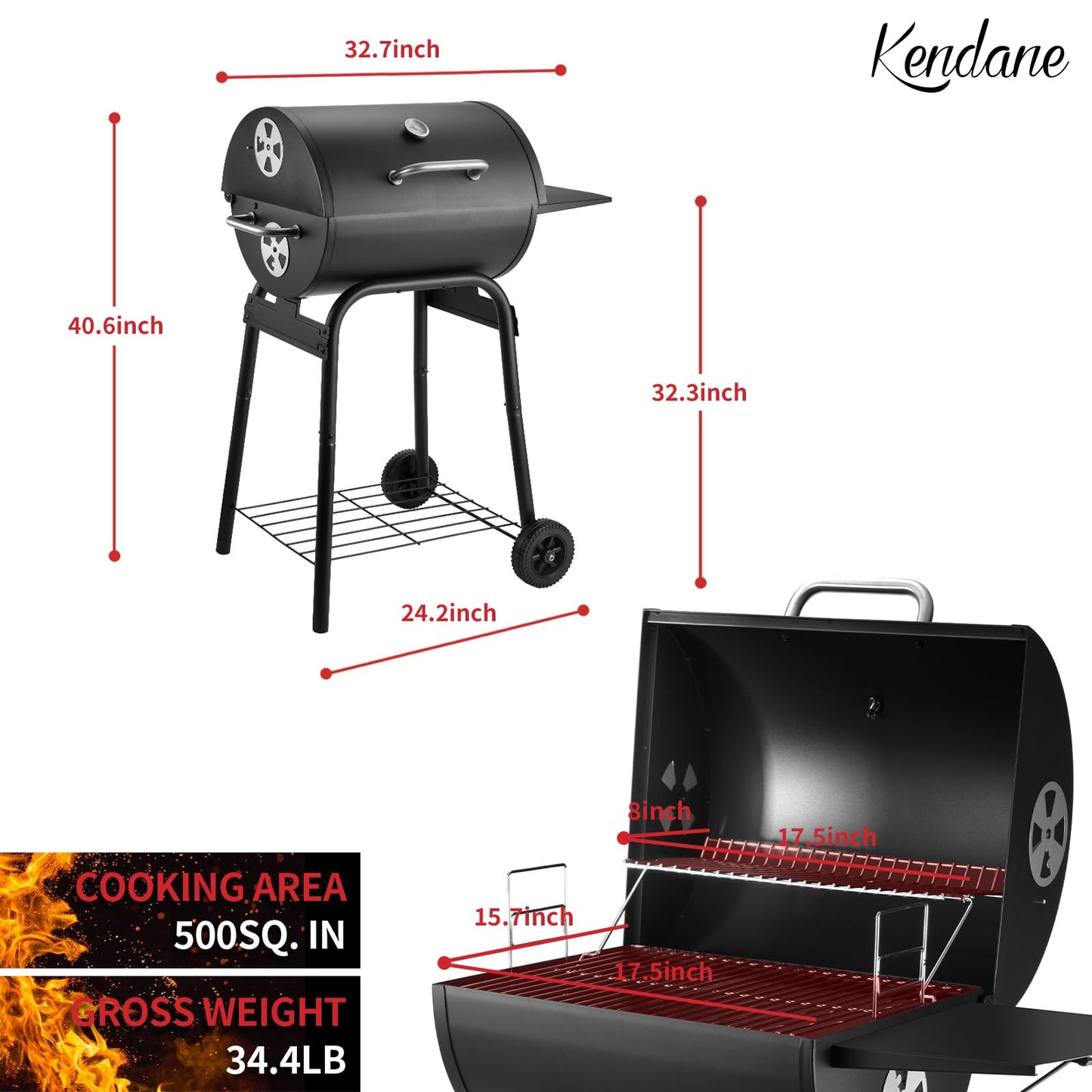 Kendane Barrel Charcoal Grill, Large Charcoal Grills with Side Shelf, Outdoor BBQ Grill,Perfect for Backyard Camping, Patio Parties, and Picnics - CookCave