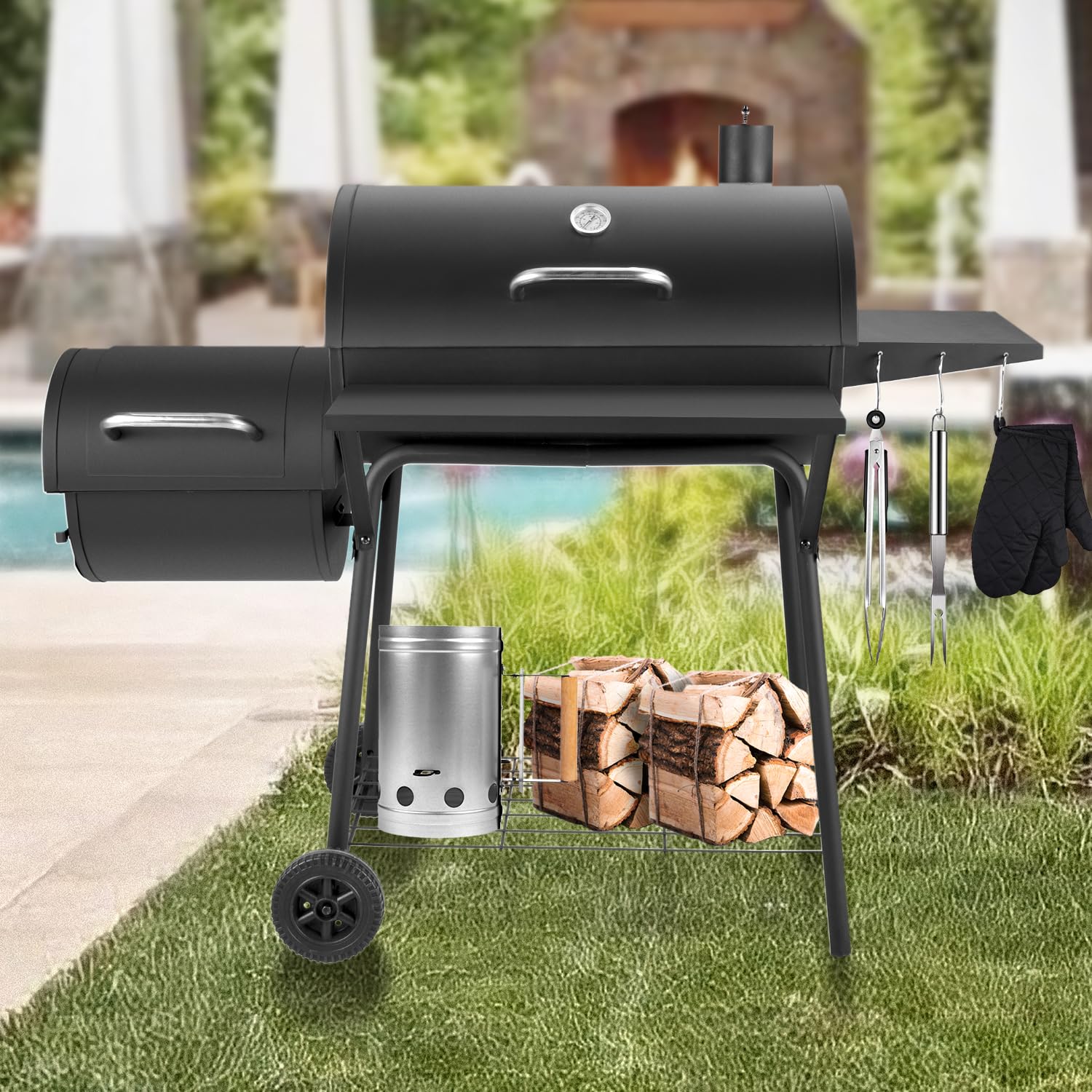 Kendane Barrel Charcoal Grill with offset smoker, 714 Square Inches Cooking Area, Outdoor BBQ Grill with Front and Side Shelf, Perfect for Backyard, Patio Parties and Picnics - CookCave