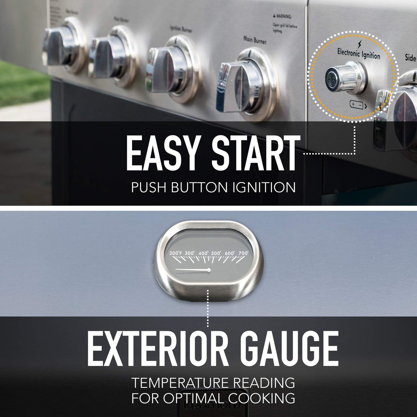 Kenmore 4-Burner Gas Grill with Side Burner, Outdoor BBQ Grill, Propane Gas Grill, Cast Iron Cooking Grates, Electronic Ignition, Warming Rack, Open Cart Design, 53000 BTUs, Stainless Steel and Black - CookCave