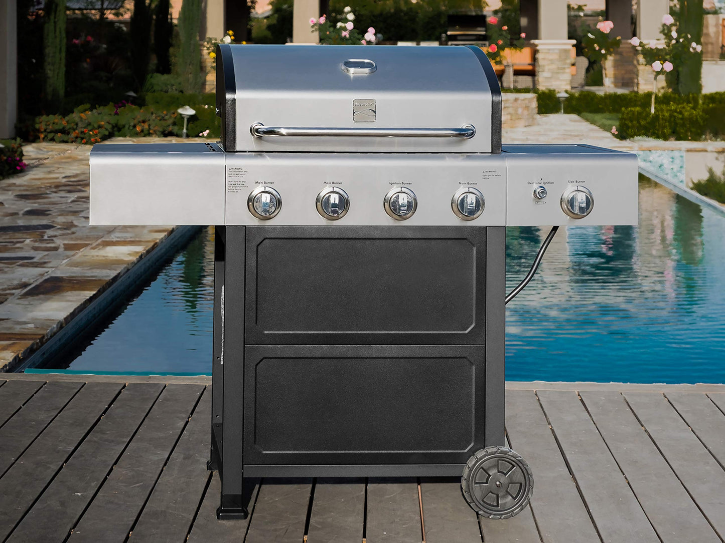 Kenmore 4-Burner Gas Grill with Side Burner, Outdoor BBQ Grill, Propane Gas Grill, Cast Iron Cooking Grates, Electronic Ignition, Warming Rack, Open Cart Design, 53000 BTUs, Stainless Steel and Black - CookCave