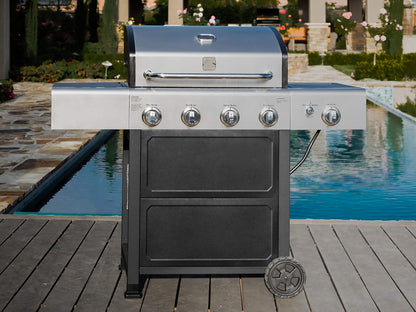Kenmore 4-Burner Gas Grill with Side Burner, Outdoor BBQ Grill, Propane Gas Grill, Cast Iron Cooking Grates, Electronic Ignition, Warming Rack, Open Cart Design, 53000 BTUs, Stainless Steel and Black - CookCave
