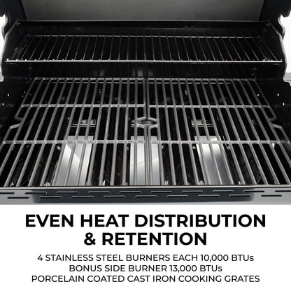 Kenmore 4-Burner Gas Grill with Side Burner, Outdoor BBQ Grill, Propane Gas Grill, Cast Iron Cooking Grates, Electronic Ignition, Warming Rack, Open Cart Design, 53000 BTUs, Stainless Steel and Black - CookCave