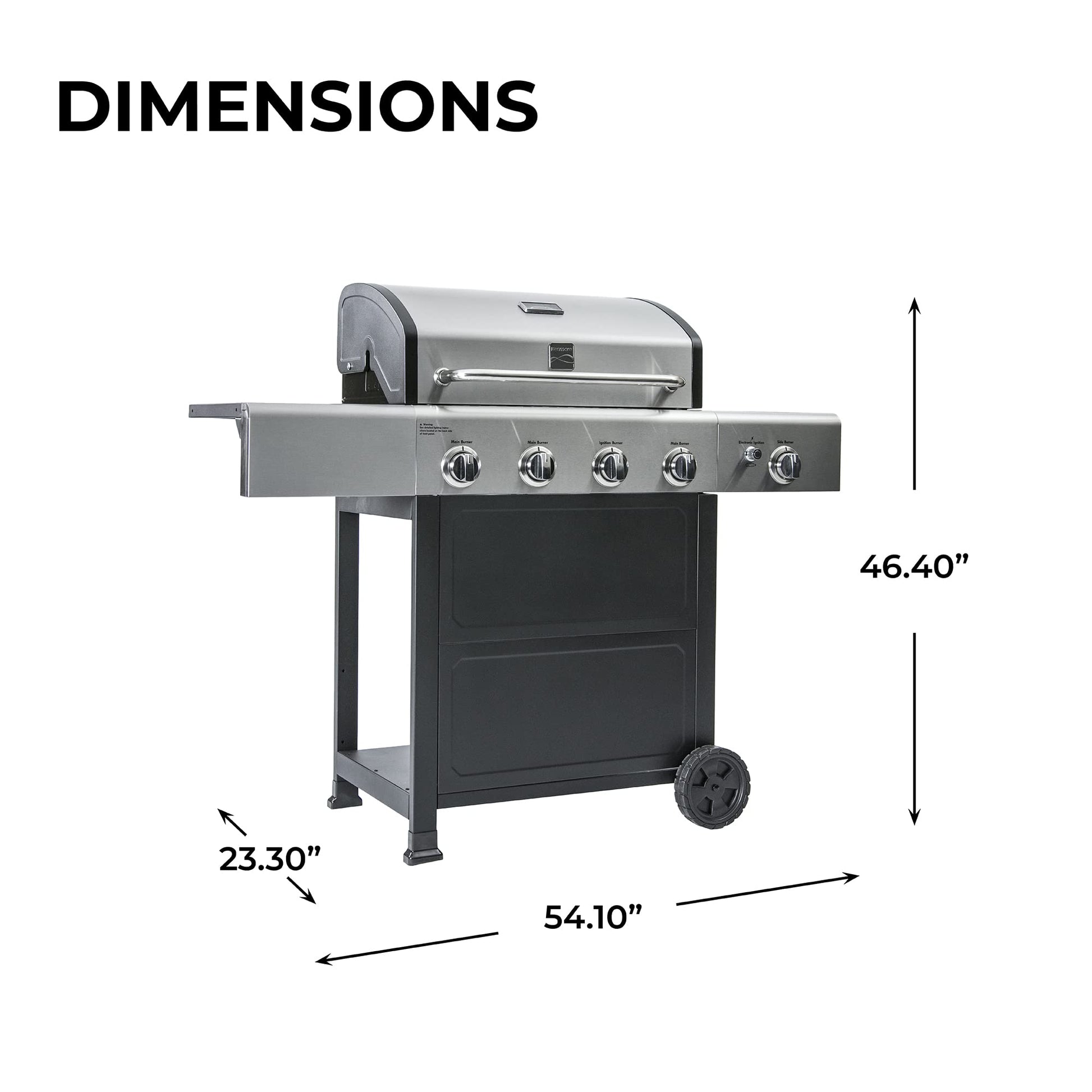 Kenmore 4-Burner Gas Grill with Side Burner, Outdoor BBQ Grill, Propane Gas Grill, Cast Iron Cooking Grates, Electronic Ignition, Warming Rack, Open Cart Design, 53000 BTUs, Stainless Steel and Black - CookCave