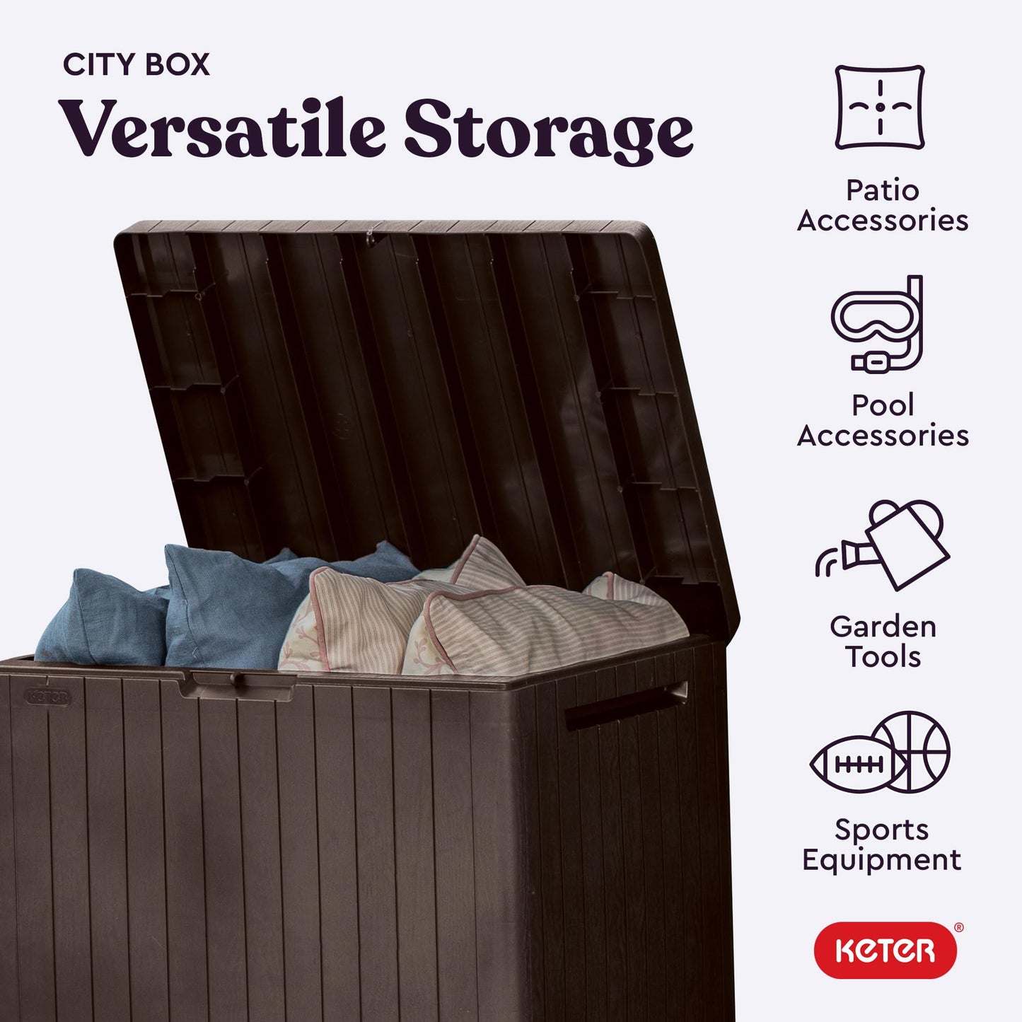 Keter City 30 Gallon Resin Outdoor Storage Box and Patio Furniture Side Table for Pool and Garden Accessories, Brown - CookCave