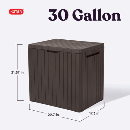 Keter City 30 Gallon Resin Outdoor Storage Box and Patio Furniture Side Table for Pool and Garden Accessories, Brown - CookCave
