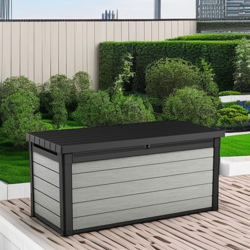 Keter Denali 150 Gallon Resin Large Deck Box with Double Wall 20mm Panels - Paintable and Drillable-Organization and Storage for Patio Storage Box and Outdoor Items, Grey & Black - CookCave