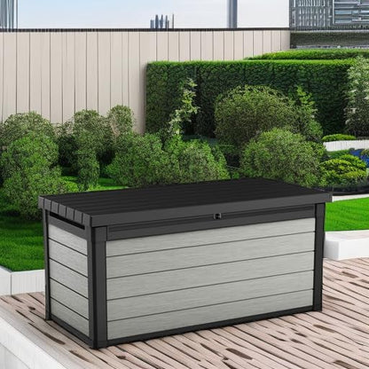 Keter Denali 150 Gallon Resin Large Deck Box with Double Wall 20mm Panels - Paintable and Drillable-Organization and Storage for Patio Storage Box and Outdoor Items, Grey & Black - CookCave