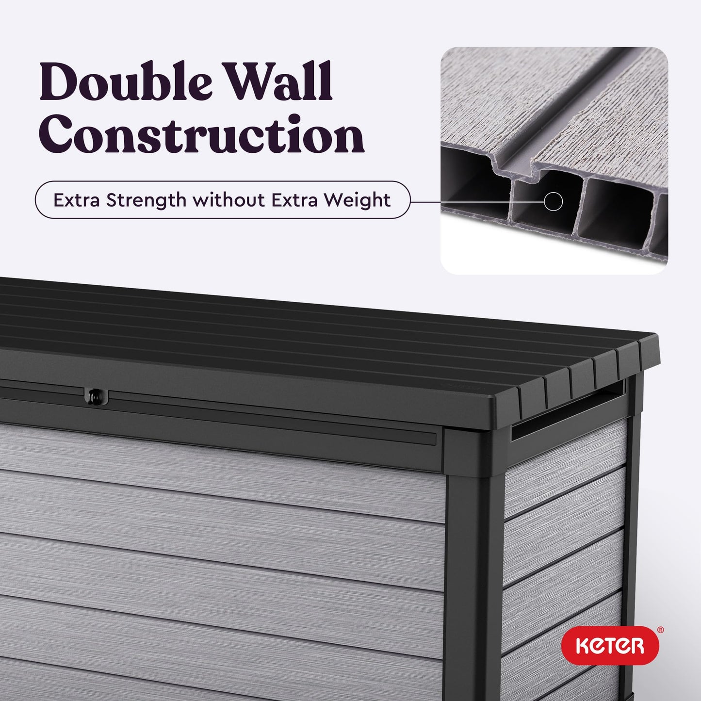 Keter Denali 150 Gallon Resin Large Deck Box with Double Wall 20mm Panels - Paintable and Drillable-Organization and Storage for Patio Storage Box and Outdoor Items, Grey & Black - CookCave