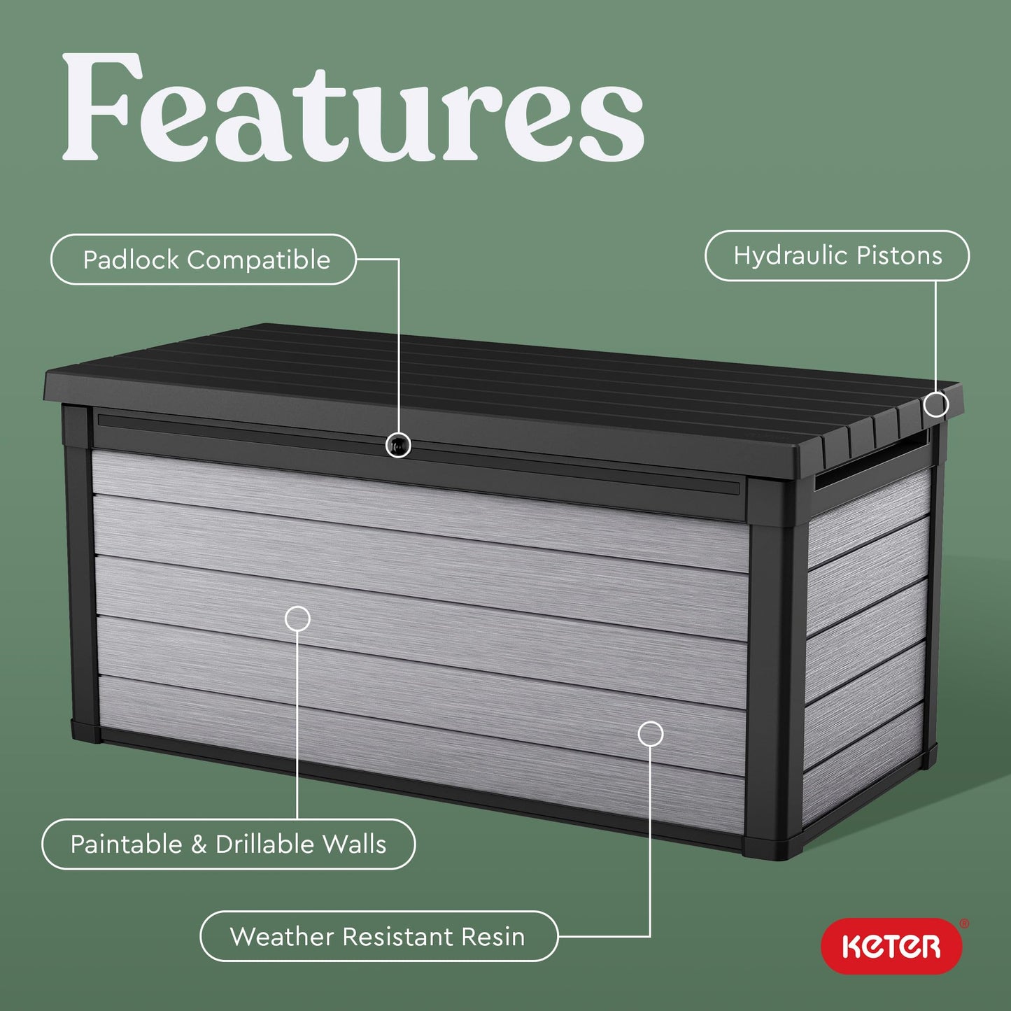 Keter Denali 150 Gallon Resin Large Deck Box with Double Wall 20mm Panels - Paintable and Drillable-Organization and Storage for Patio Storage Box and Outdoor Items, Grey & Black - CookCave