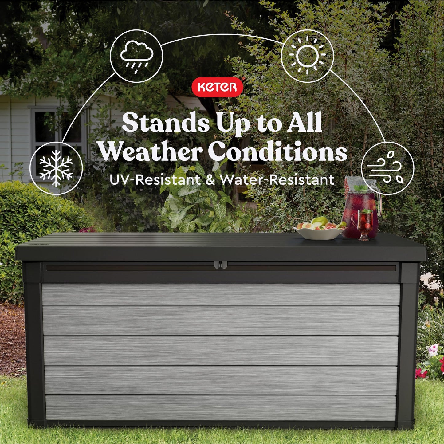 Keter Denali 150 Gallon Resin Large Deck Box with Double Wall 20mm Panels - Paintable and Drillable-Organization and Storage for Patio Storage Box and Outdoor Items, Grey & Black - CookCave