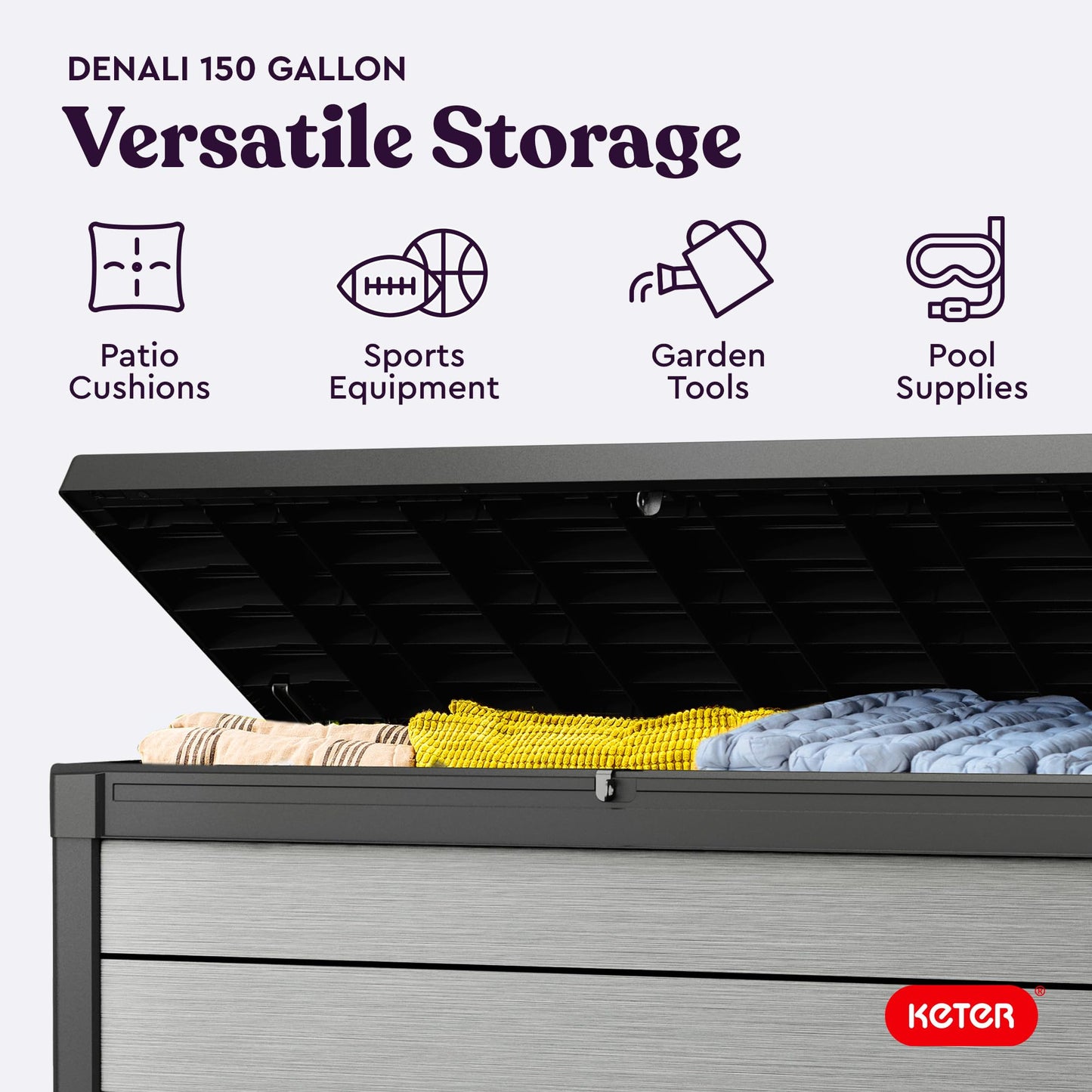 Keter Denali 150 Gallon Resin Large Deck Box with Double Wall 20mm Panels - Paintable and Drillable-Organization and Storage for Patio Storage Box and Outdoor Items, Grey & Black - CookCave