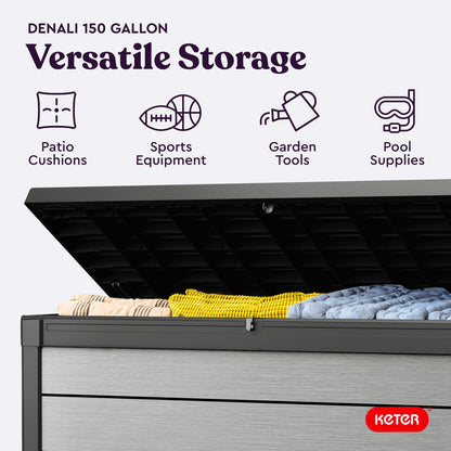 Keter Denali 150 Gallon Resin Large Deck Box with Double Wall 20mm Panels - Paintable and Drillable-Organization and Storage for Patio Storage Box and Outdoor Items, Grey & Black - CookCave