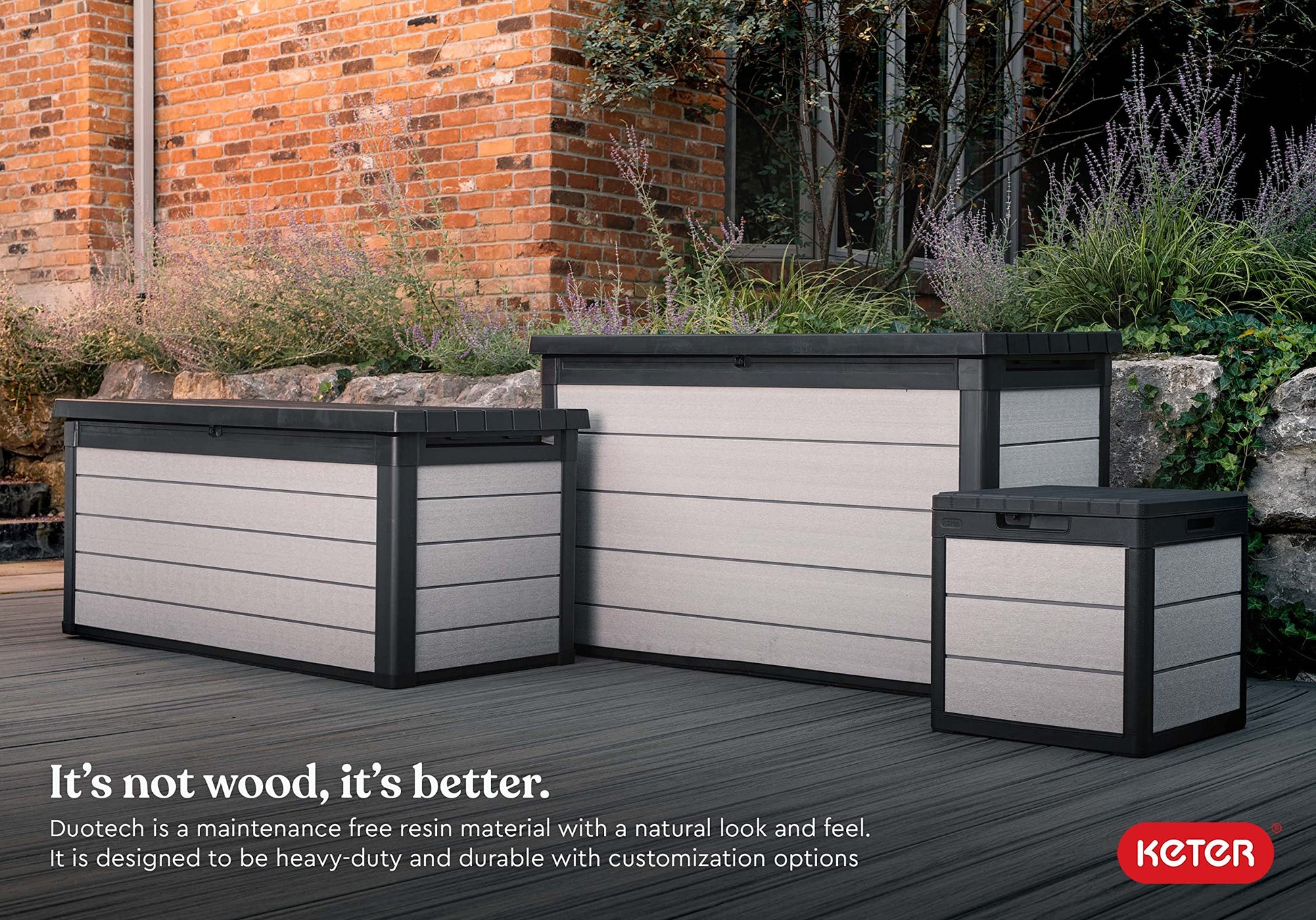 Keter Denali 30 Gallon Resin Outdoor Storage Box and Patio Storage Box Side Table for Pool and Garden Accessories, Grey & Black - CookCave