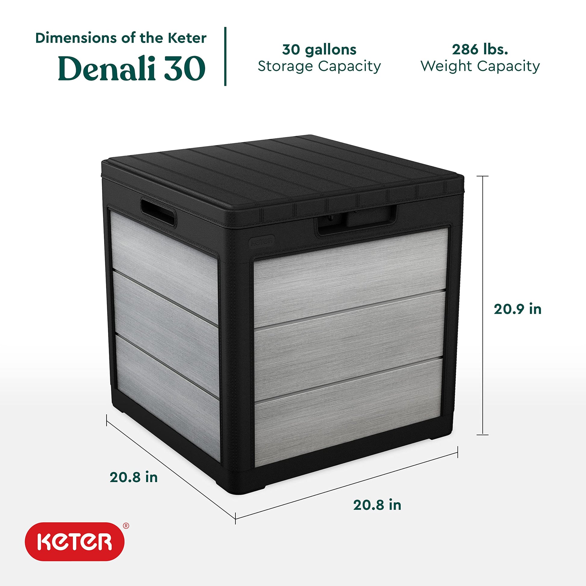 Keter Denali 30 Gallon Resin Outdoor Storage Box and Patio Storage Box Side Table for Pool and Garden Accessories, Grey & Black - CookCave