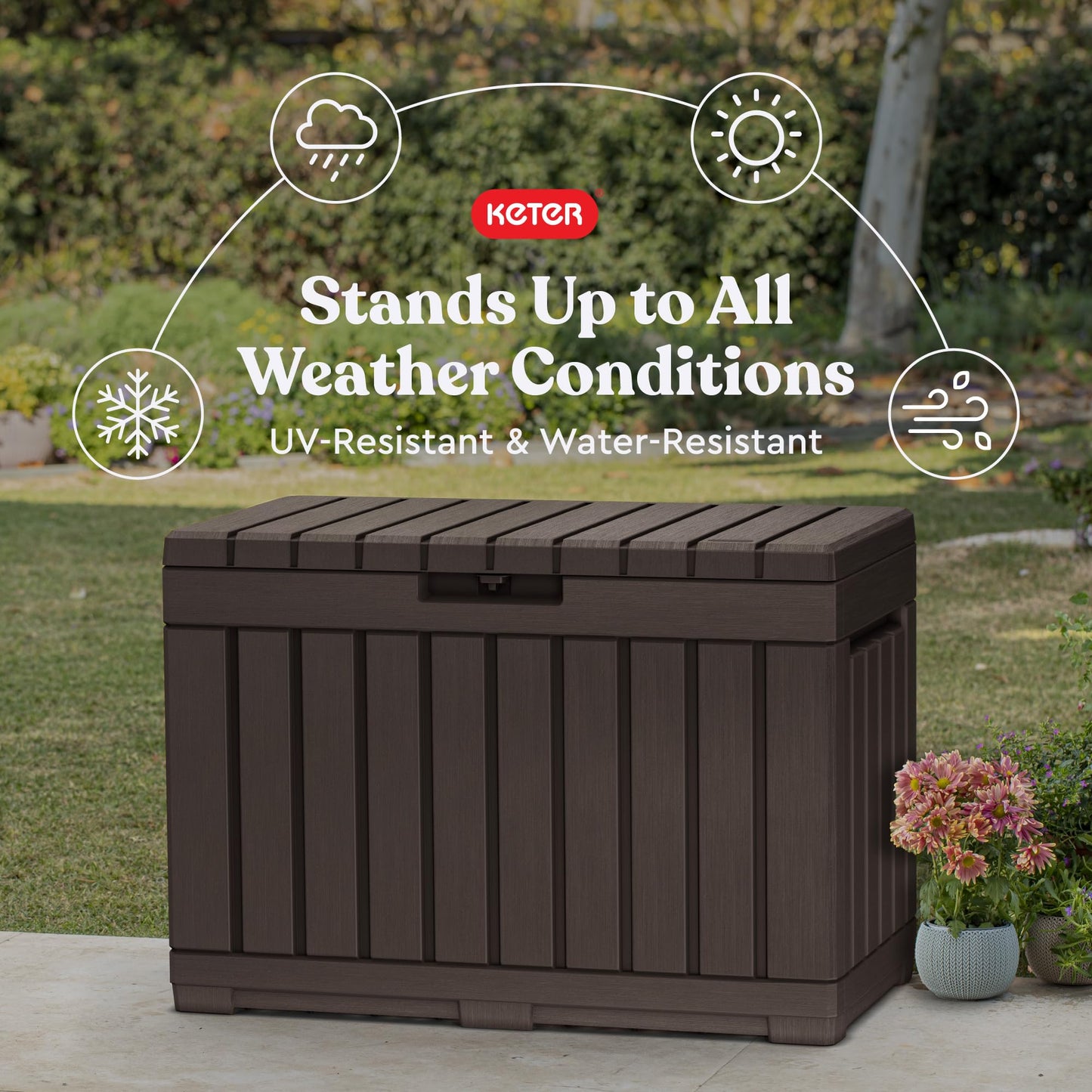 Keter Kentwood 50 Gallon Resin Deck Box-Organization and Storage for Patio Cushions, Throw Pillows and Garden Tools, Brown - CookCave