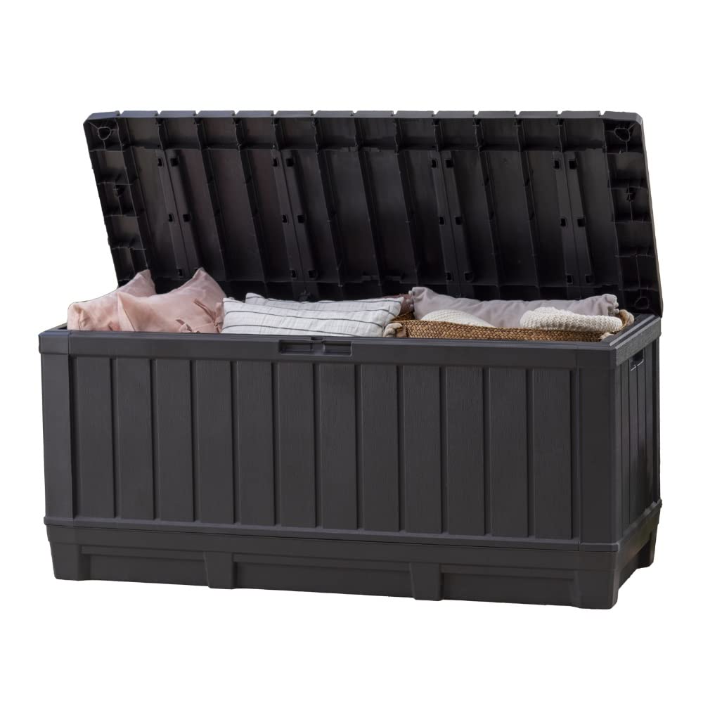 Keter Kentwood 92 Gallon Resin Deck Box-Organization and Storage for Patio Furniture Outdoor Cushions, Throw Pillows, Garden Tools and Pool Floats, Dark Grey - CookCave