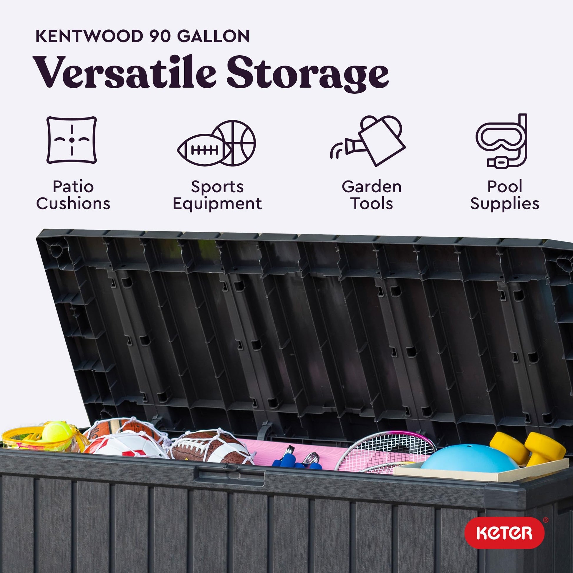 Keter Kentwood 92 Gallon Resin Deck Box-Organization and Storage for Patio Furniture Outdoor Cushions, Throw Pillows, Garden Tools and Pool Floats, Dark Grey - CookCave