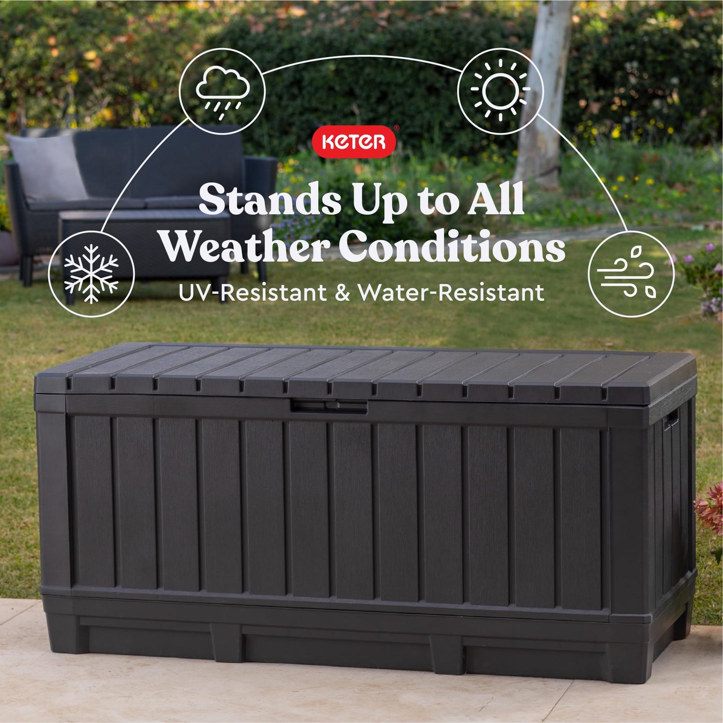 Keter Kentwood 92 Gallon Resin Deck Box-Organization and Storage for Patio Furniture Outdoor Cushions, Throw Pillows, Garden Tools and Pool Floats, Dark Grey - CookCave