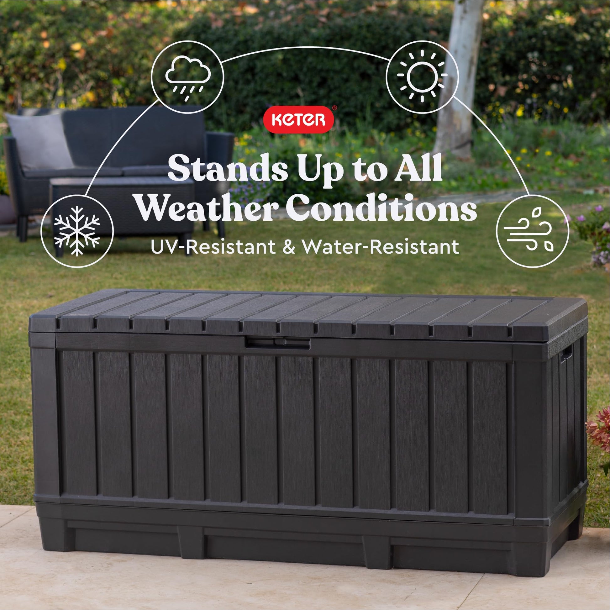 Keter Kentwood 92 Gallon Resin Deck Box-Organization and Storage for Patio Furniture Outdoor Cushions, Throw Pillows, Garden Tools and Pool Floats, Dark Grey - CookCave