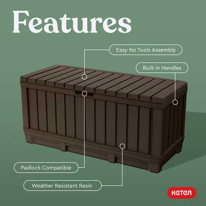 Keter Kentwood 92 Gallon Resin Deck Box-Organization and Storage for Patio Storage Box Outdoor Cushions, Throw Pillows, Garden Tools and Pool Floats, Brown - CookCave