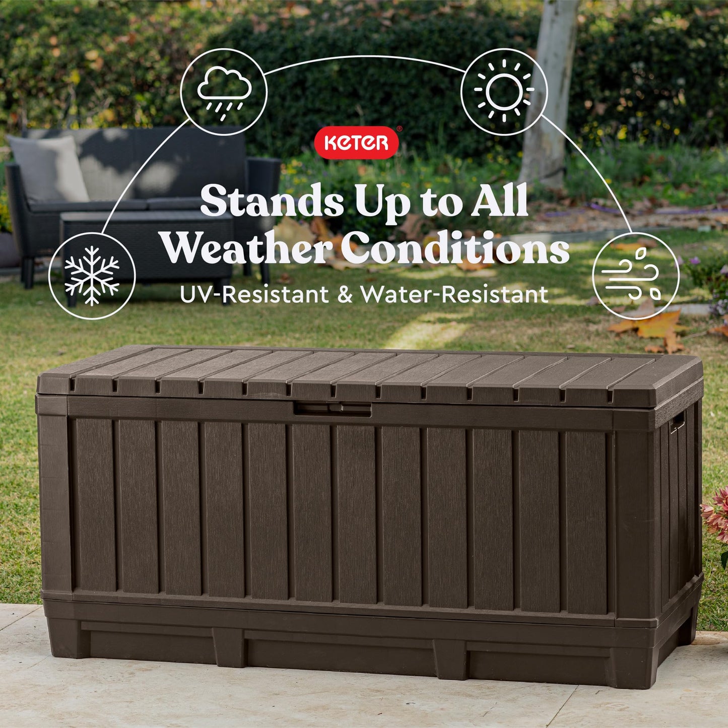 Keter Kentwood 92 Gallon Resin Deck Box-Organization and Storage for Patio Storage Box Outdoor Cushions, Throw Pillows, Garden Tools and Pool Floats, Brown - CookCave