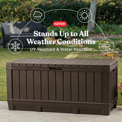 Keter Kentwood 92 Gallon Resin Deck Box-Organization and Storage for Patio Storage Box Outdoor Cushions, Throw Pillows, Garden Tools and Pool Floats, Brown - CookCave