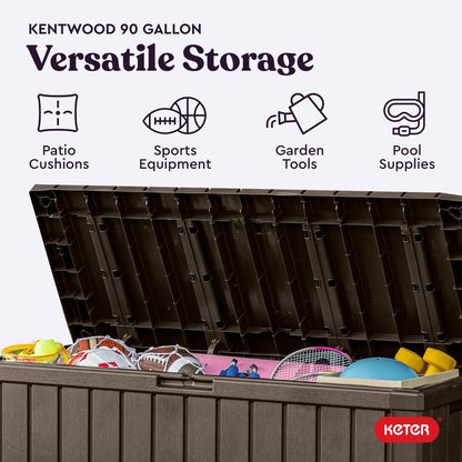 Keter Kentwood 92 Gallon Resin Deck Box-Organization and Storage for Patio Storage Box Outdoor Cushions, Throw Pillows, Garden Tools and Pool Floats, Brown - CookCave