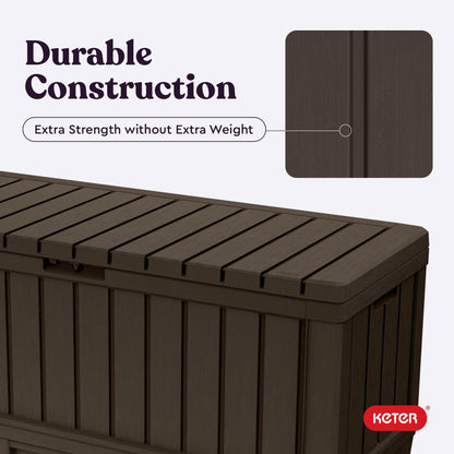 Keter Kentwood 92 Gallon Resin Deck Box-Organization and Storage for Patio Storage Box Outdoor Cushions, Throw Pillows, Garden Tools and Pool Floats, Brown - CookCave