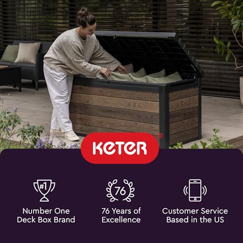 Keter Kentwood 92 Gallon Resin Deck Box-Organization and Storage for Patio Storage Box Outdoor Cushions, Throw Pillows, Garden Tools and Pool Floats, Brown - CookCave