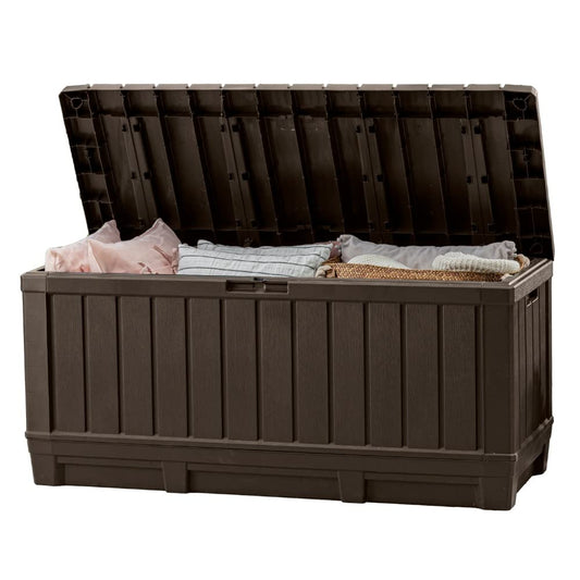 Keter Kentwood 92 Gallon Resin Deck Box-Organization and Storage for Patio Storage Box Outdoor Cushions, Throw Pillows, Garden Tools and Pool Floats, Brown - CookCave