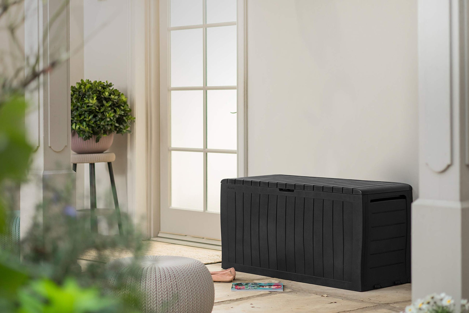 Keter Marvel+ 270L Outdoor 65% recycled Garden Furniture Storage Box Graphite Wood Panel Effect | Fade Free | All Weather Resistant | Safe and Secure | Zero Maintenance | 2 year Warranty - CookCave