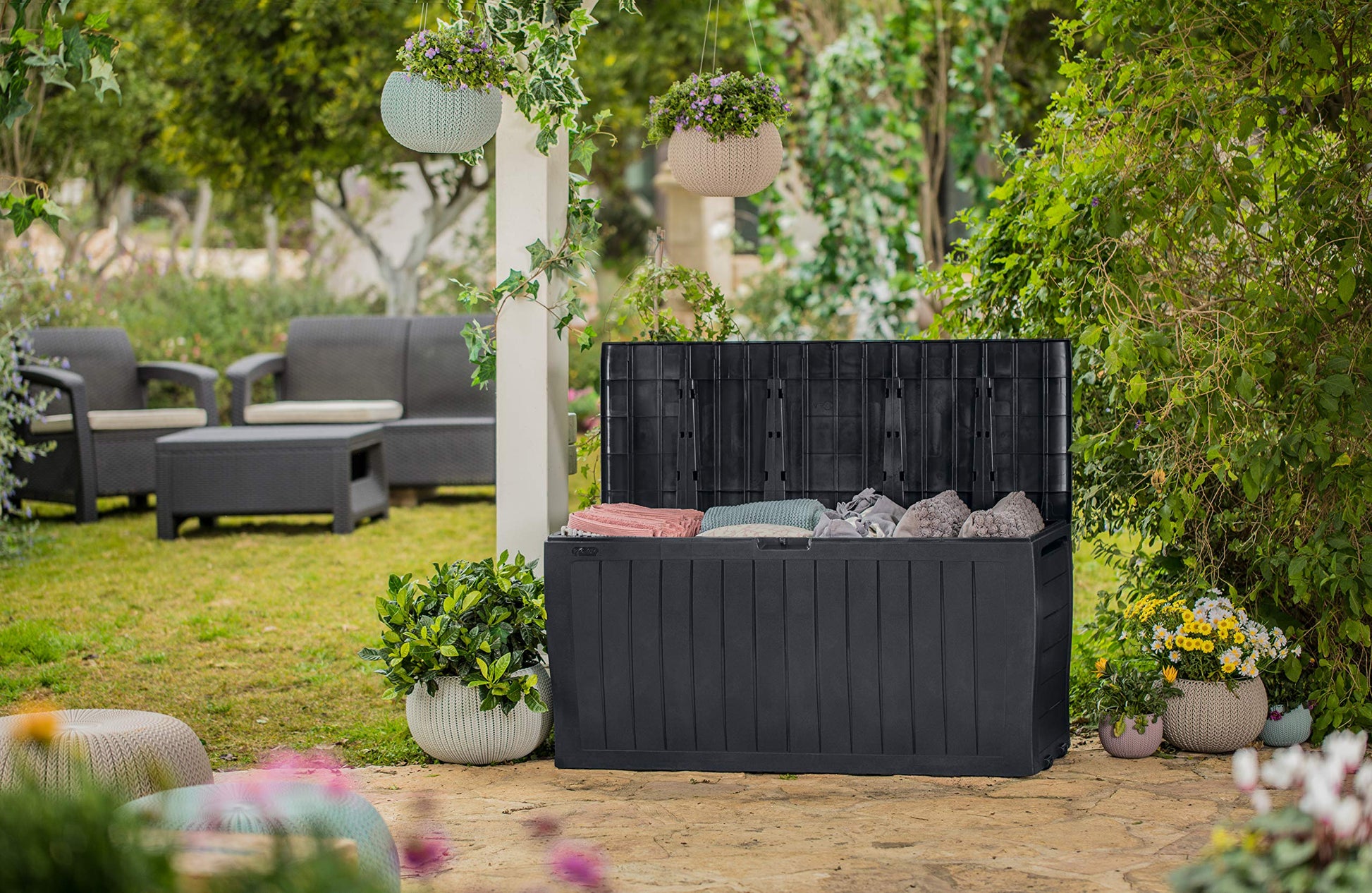 Keter Marvel+ 270L Outdoor 65% recycled Garden Furniture Storage Box Graphite Wood Panel Effect | Fade Free | All Weather Resistant | Safe and Secure | Zero Maintenance | 2 year Warranty - CookCave