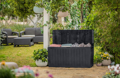 Keter Marvel+ 270L Outdoor 65% recycled Garden Furniture Storage Box Graphite Wood Panel Effect | Fade Free | All Weather Resistant | Safe and Secure | Zero Maintenance | 2 year Warranty - CookCave