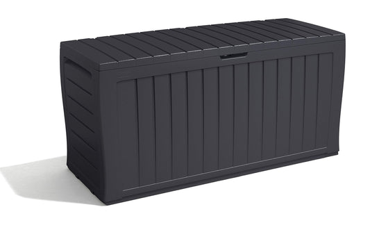 Keter Marvel+ 270L Outdoor 65% recycled Garden Furniture Storage Box Graphite Wood Panel Effect | Fade Free | All Weather Resistant | Safe and Secure | Zero Maintenance | 2 year Warranty - CookCave