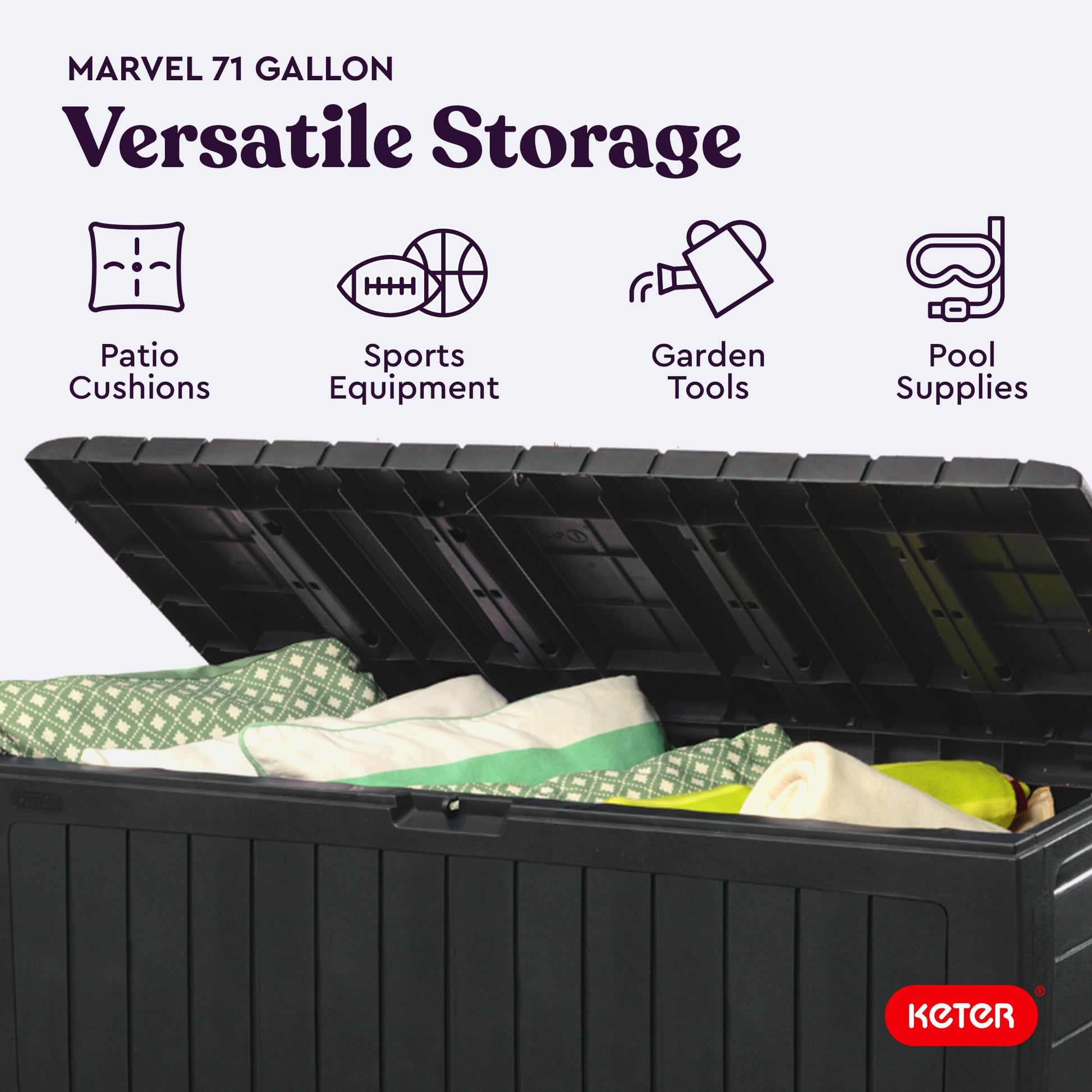 Keter Marvel Plus 71 Gallon Resin Deck Box Organization and Storage for Patio Storage Box Outdoor Cushions, Throw Pillows, Garden Tools and Pool Accessories, Dark Grey - CookCave