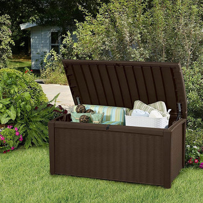 Keter Outdoor Storage Deck Box, for Patio, Backyard & Garden, Borneo, 110 Gallon, Brown - Lockable, Organizing, and Waterproof Plastic Container Bench - CookCave