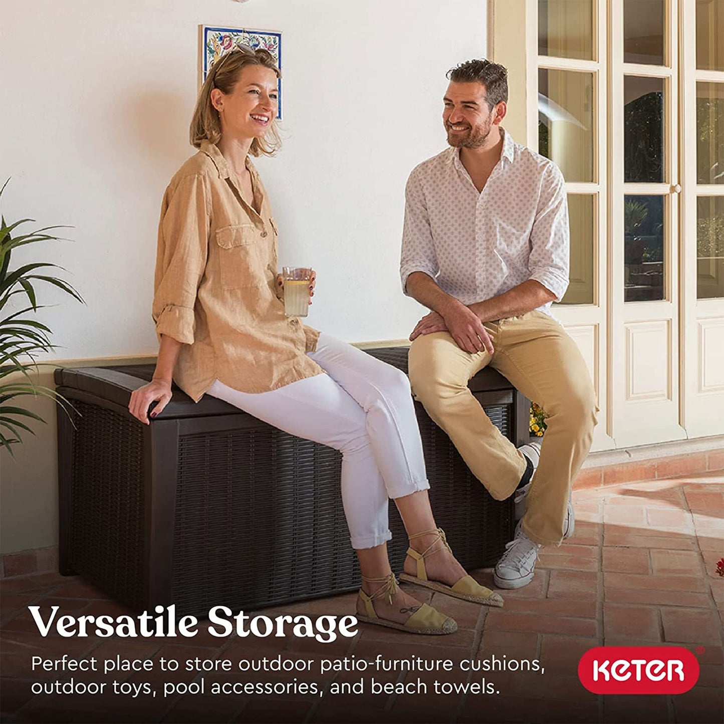 Keter Outdoor Storage Deck Box, for Patio, Backyard & Garden, Borneo, 110 Gallon, Brown - Lockable, Organizing, and Waterproof Plastic Container Bench - CookCave