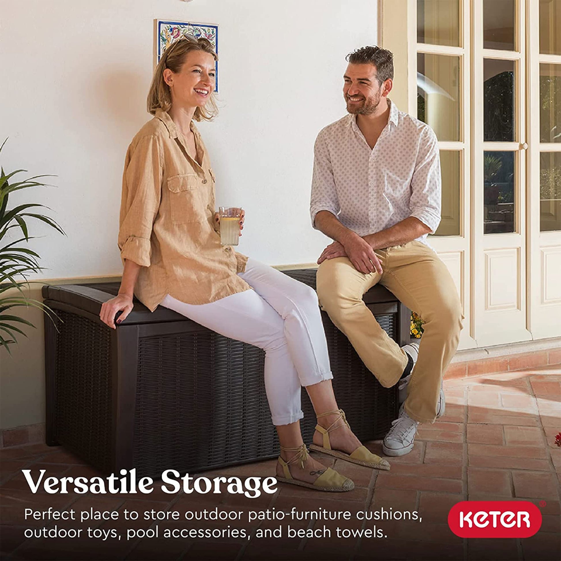 Keter Outdoor Storage Deck Box, for Patio, Backyard & Garden, Borneo, 110 Gallon, Brown - Lockable, Organizing, and Waterproof Plastic Container Bench - CookCave