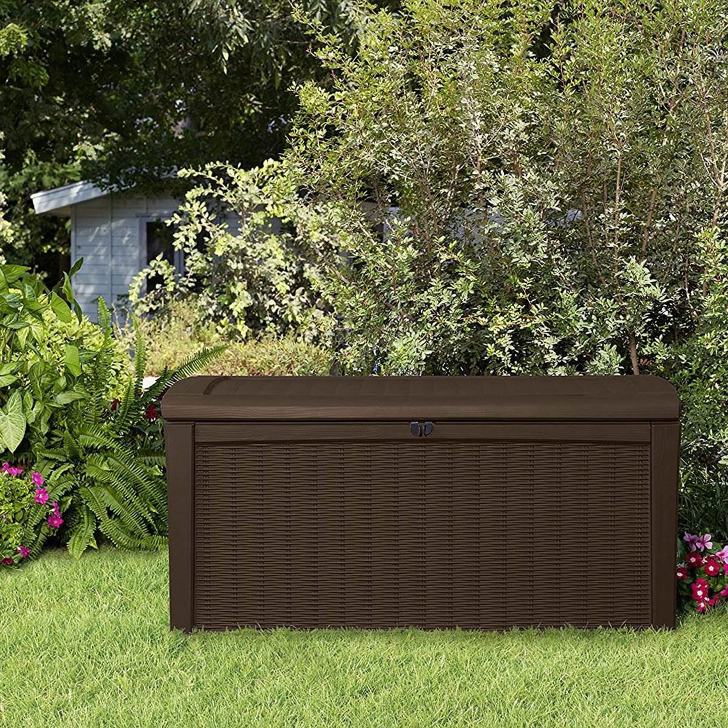 Keter Outdoor Storage Deck Box, for Patio, Backyard & Garden, Borneo, 110 Gallon, Brown - Lockable, Organizing, and Waterproof Plastic Container Bench - CookCave