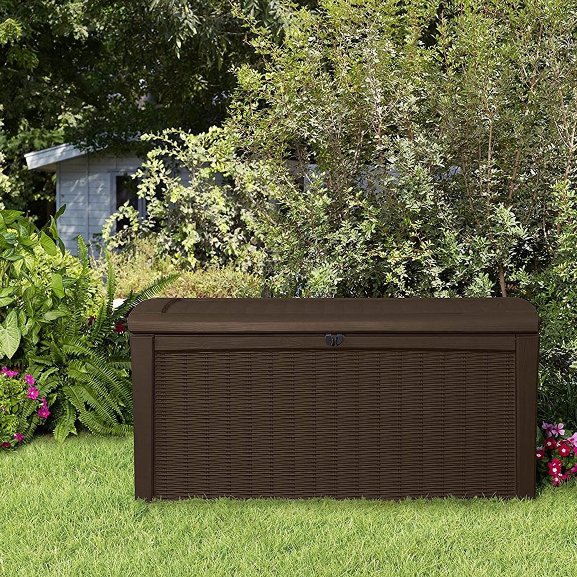 Keter Outdoor Storage Deck Box, for Patio, Backyard & Garden, Borneo, 110 Gallon, Brown - Lockable, Organizing, and Waterproof Plastic Container Bench - CookCave