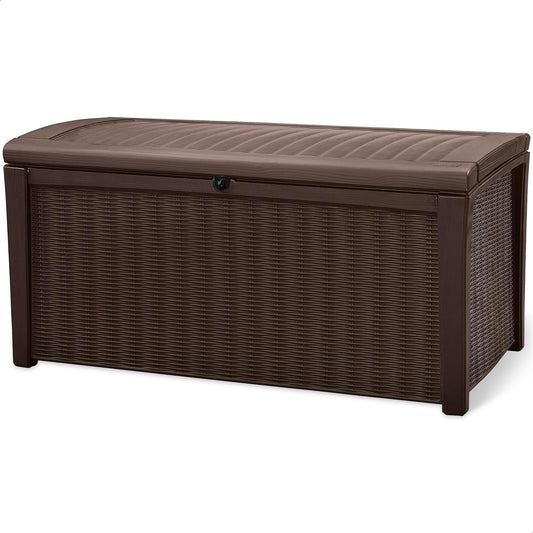 Keter Outdoor Storage Deck Box, for Patio, Backyard & Garden, Borneo, 110 Gallon, Brown - Lockable, Organizing, and Waterproof Plastic Container Bench - CookCave