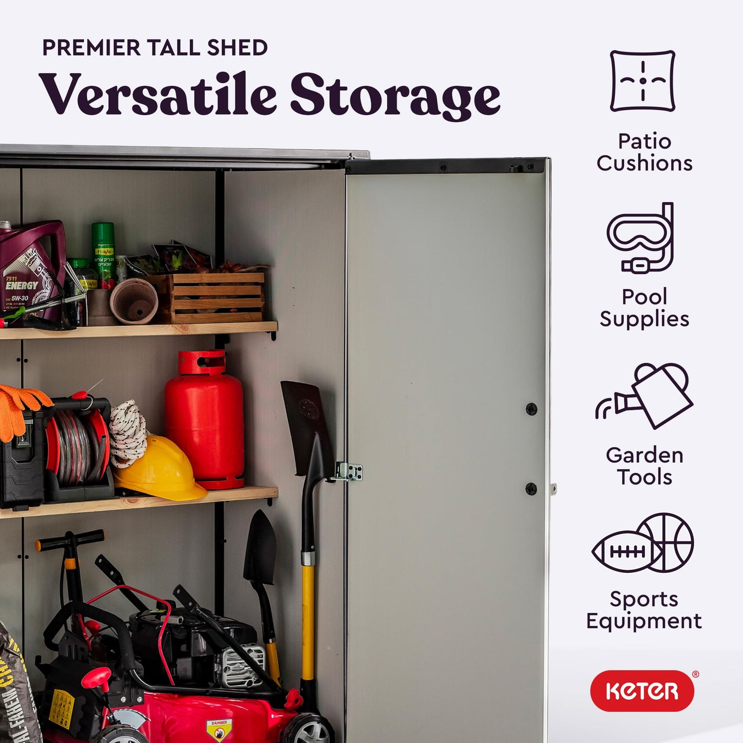 Keter Premier Tall 4.6 x 5.6 ft. Resin Outdoor Storage Shed with Shelving Brackets for Patio Furniture, Pool Accessories, and Bikes, Grey & Black - CookCave