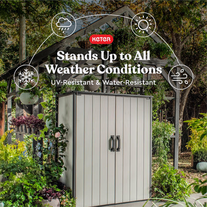 Keter Premier Tall 4.6 x 5.6 ft. Resin Outdoor Storage Shed with Shelving Brackets for Patio Furniture, Pool Accessories, and Bikes, Grey & Black - CookCave