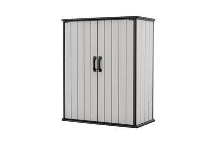 Keter Premier Tall 4.6 x 5.6 ft. Resin Outdoor Storage Shed with Shelving Brackets for Patio Furniture, Pool Accessories, and Bikes, Grey & Black - CookCave