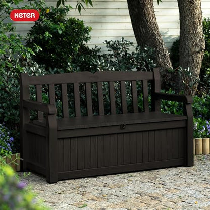Keter Solana 70 Gallon Storage Bench Deck Box for Patio Furniture, Front Porch Decor and Outdoor Seating – Perfect to Store Garden Tools, Brown/Brown - CookCave