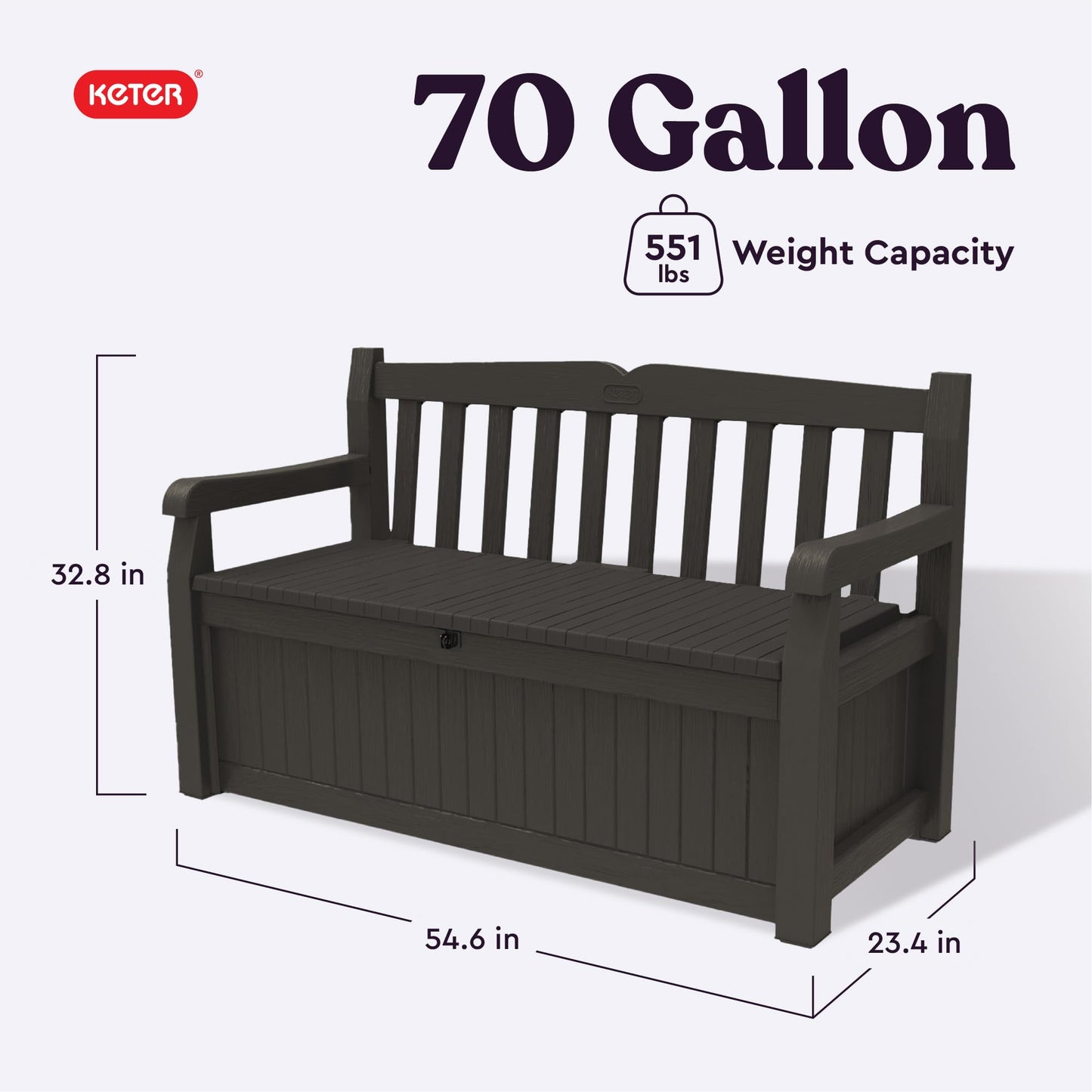 Keter Solana 70 Gallon Storage Bench Deck Box for Patio Furniture, Front Porch Decor and Outdoor Seating – Perfect to Store Garden Tools, Brown/Brown - CookCave