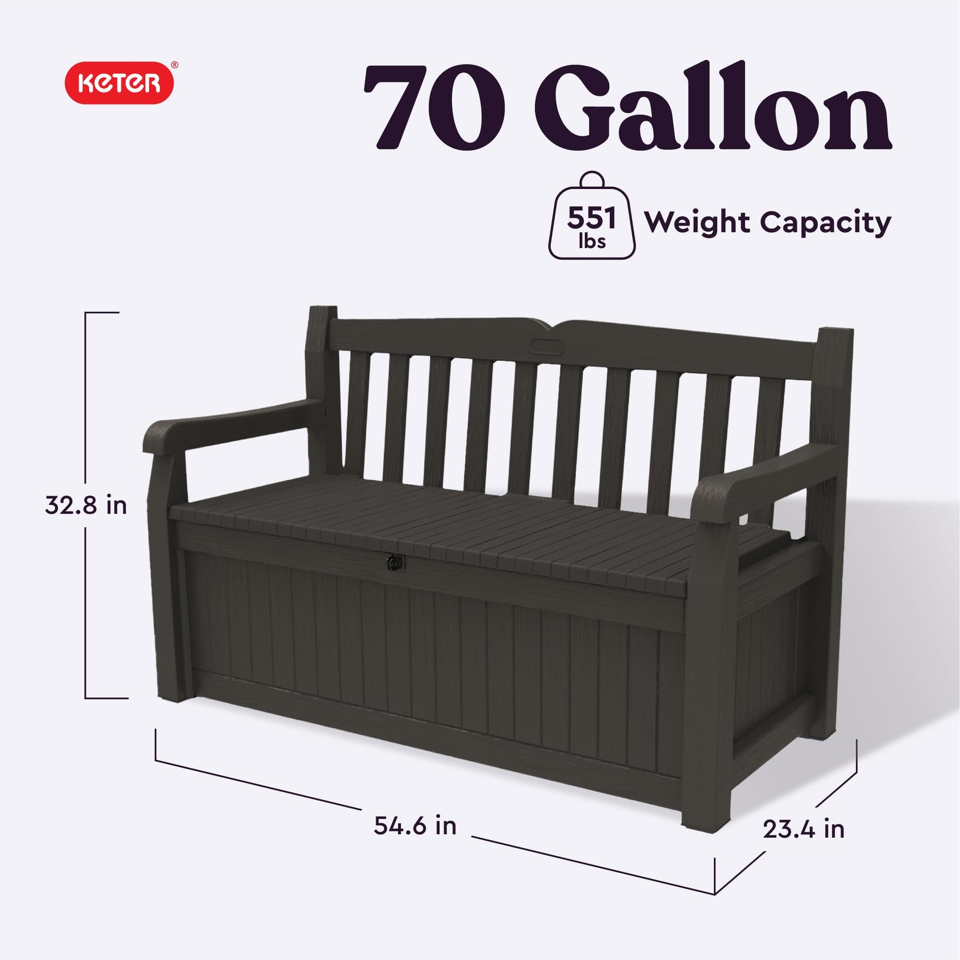 Keter Solana 70 Gallon Storage Bench Deck Box for Patio Furniture, Front Porch Decor and Outdoor Seating – Perfect to Store Garden Tools, Brown/Brown - CookCave