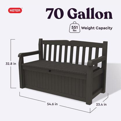 Keter Solana 70 Gallon Storage Bench Deck Box for Patio Furniture, Front Porch Decor and Outdoor Seating – Perfect to Store Garden Tools, Brown/Brown - CookCave